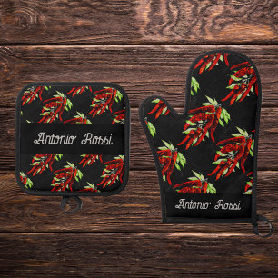 red pepper pattern - name oven mitt & pot hol oven mitt & pot holder set