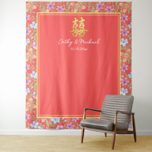 Red Peranakan floral Chinese wedding backdrop Tapestry