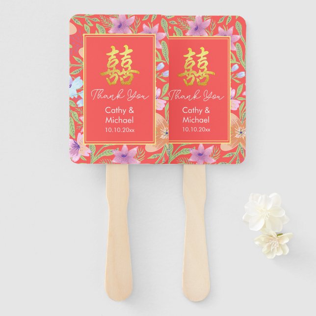 Red Peranakan floral double xi Chinese wedding  Hand Fan (Front and Back)