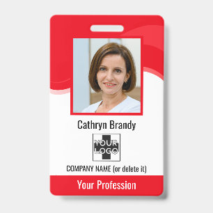 Red Personalised Employee, Photo, Bar Code & Logo ID Badge