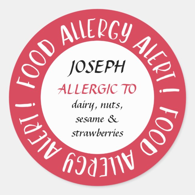 Red Personalised Food Allergy Alert Customised Classic Round Sticker (Front)