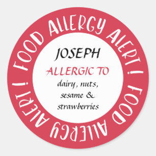Red Personalised Food Allergy Alert Customised Classic Round Sticker