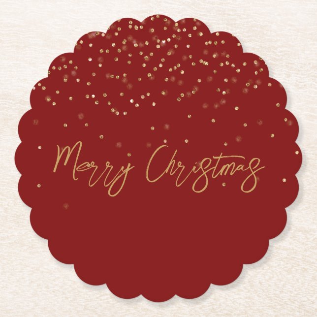 Red Personalised Gold Name Glitter Sparkle Dots Paper Coaster (Front)