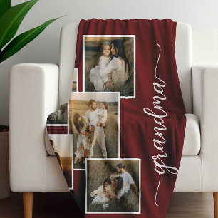 Red Personalised Grandma Grandkid 5 Photo Collage  Fleece Blanket