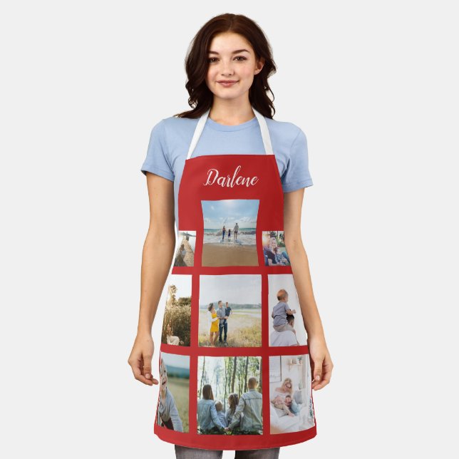 Red Personalised Name Photo Collage Custom Gift Apron (Worn)