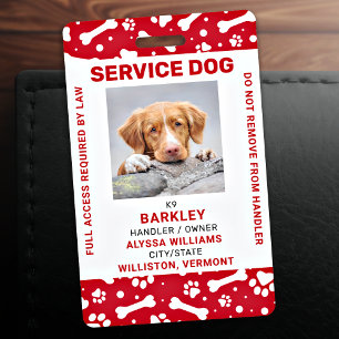 Red Personalised Paw Prints Service Dog Photo ID Badge