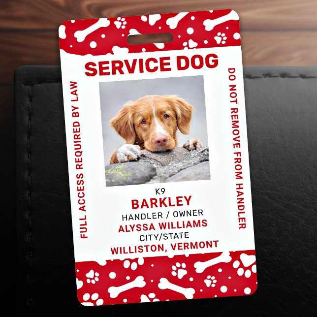 Red Personalised Paw Prints Service Dog Photo ID Badge (Creator Uploaded)