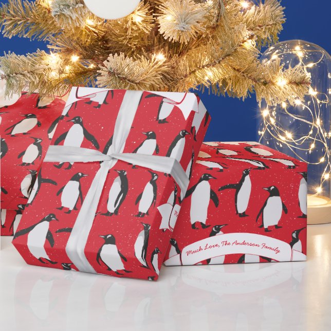 Red Personalised Penguin Pattern Wrapping Paper (Holidays)