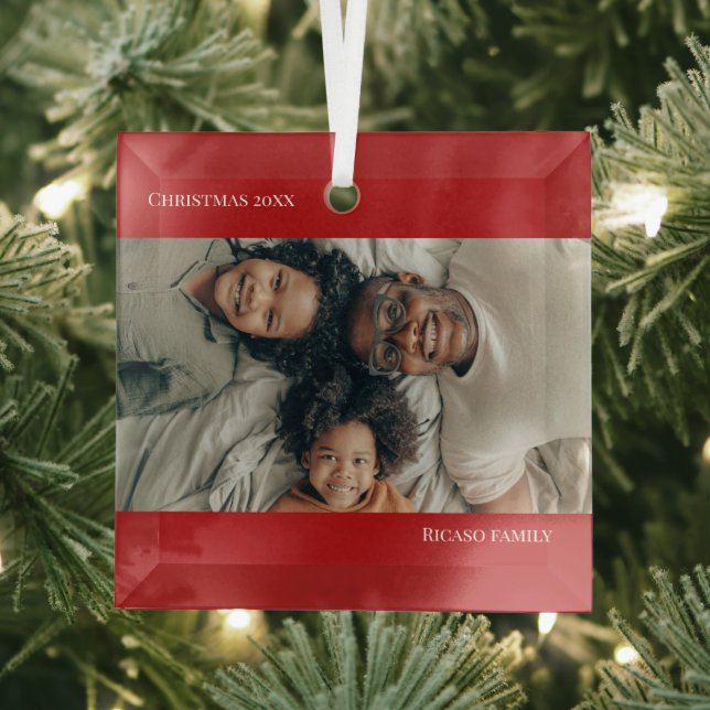 Red Personalised Photo Christmas Glass Tree Decoration (Insitu)