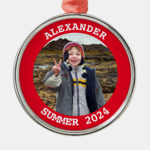 Red Personalised Round Family Photo Metal Tree Decoration