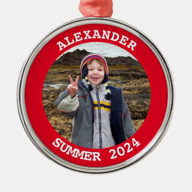 Red Personalised Round Family Photo Metal Tree Decoration (Front)