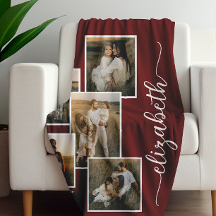 Red Personalised With Name 5 Photo Collage  Fleece Blanket