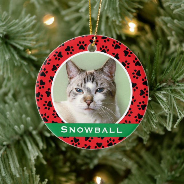 Red Pet Paw Prints Personalised Cat Name Photo Ceramic Tree Decoration (Tree)