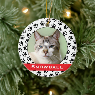 Red Pet Paw Prints Personalised Cat Name Photo Ceramic Tree Decoration