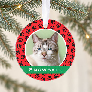 Red Pet Paw Prints Personalised Cat Name Photo Ornament