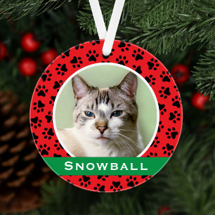 Red Pet Paw Prints Personalised Cat Name Photo Ornament