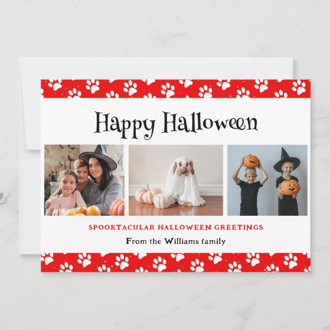 Red Pet Paws Photo Happy Halloween  Holiday Card (Front)