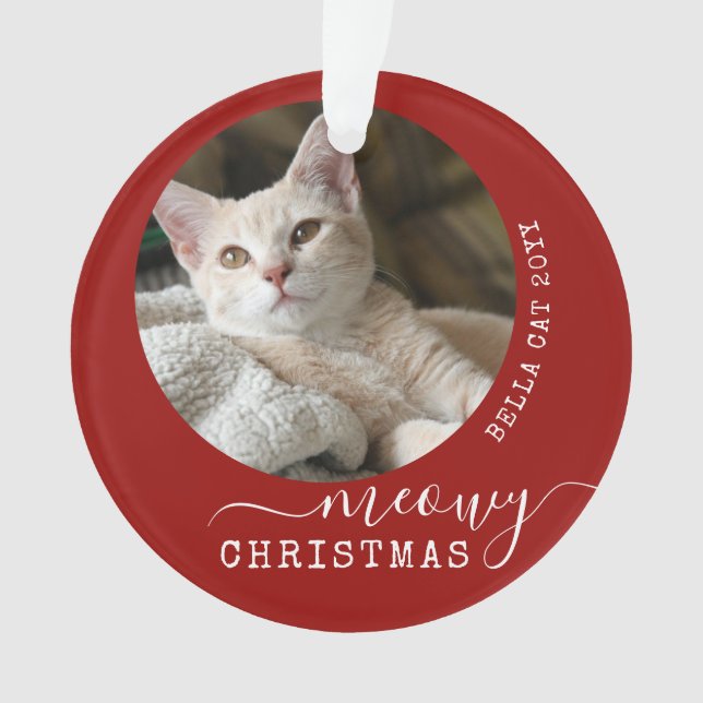 Red Pet Personalised Photo Name Meowy Christmas Ornament (Front)