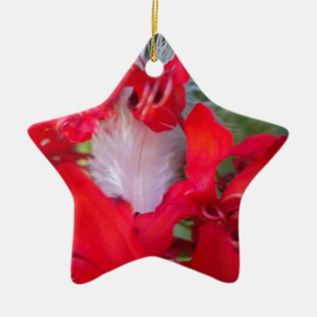 Red Petal Feather Art Print Ceramic Tree Decoration (Front)