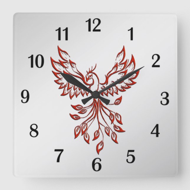 Red Phoenix Rises Silver Square Wall Clock (Front)