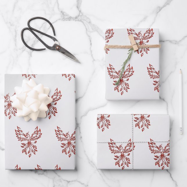 Red Phoenix Rises Silver Wrapping Paper Sheet (Front)