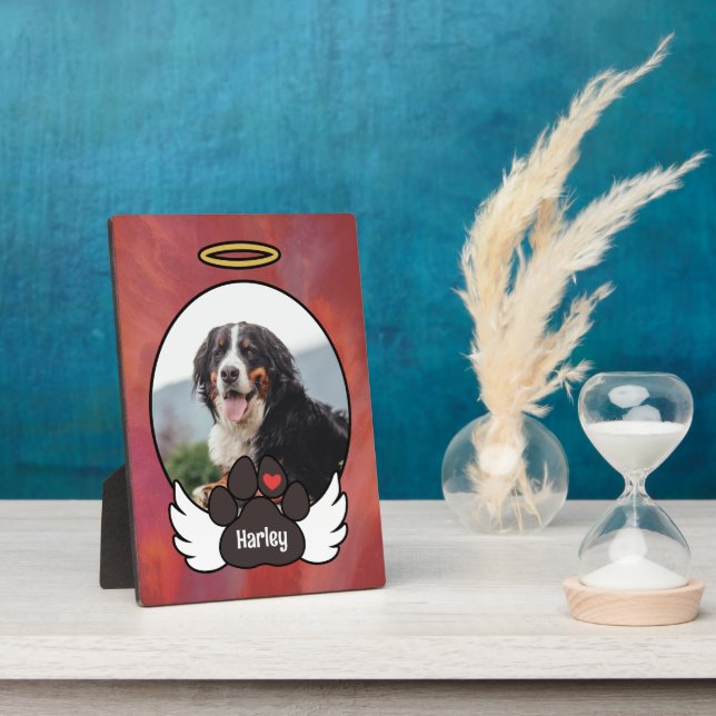 Red Photo Angel Wings Paw Add Name Dog Memorial Plaque (Side)