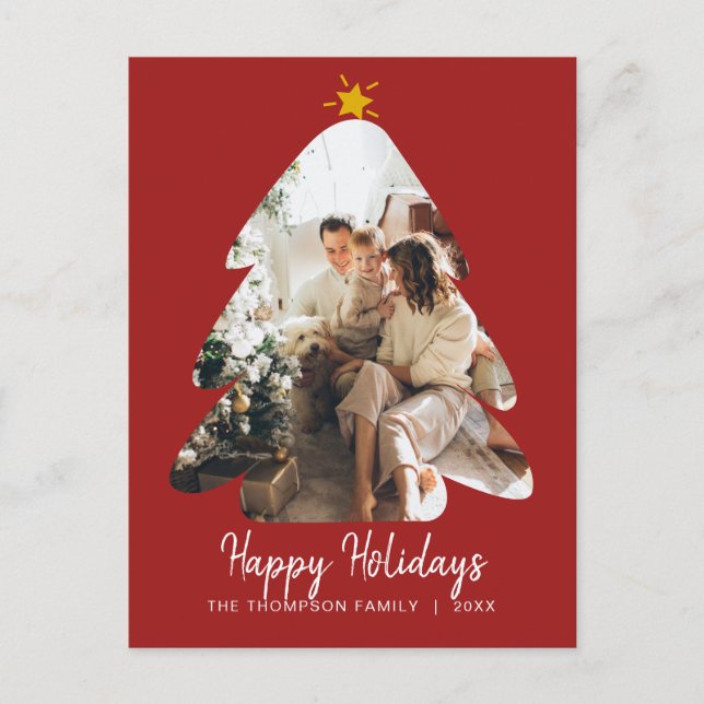 Red Photo Christmas Tree Happy Holidays Script Postcard (Front)