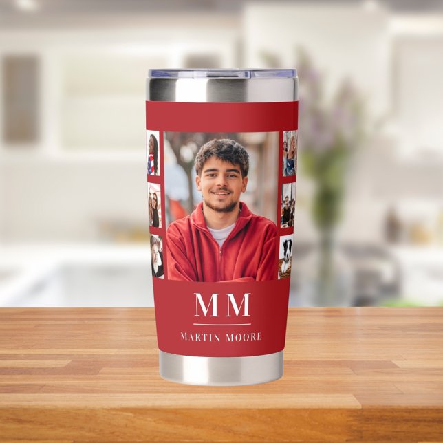 Red photo collage monogram name insulated tumbler (Creator Uploaded)