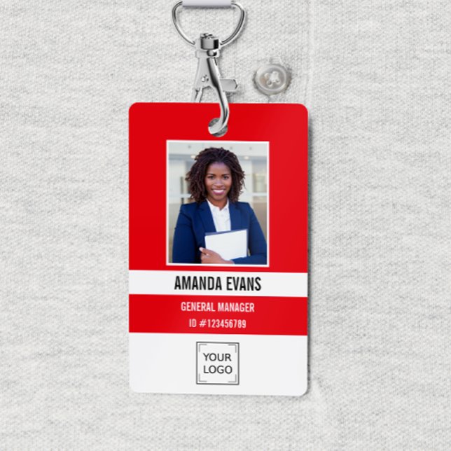RED | Photo Employee Logo or QR CODE Security ID Badge (Red and white Employee ID security badge with photo, name, job title and corporate logo or QR CODE)