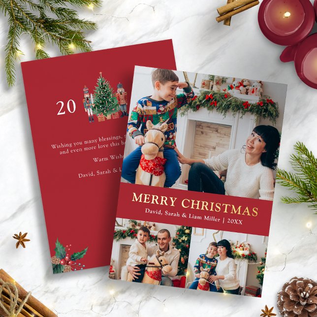 Red Photo Foil Holiday Card (Holiday Red Nutcracker 2025 Gold Foil Photo Christmas Card by Painted Paperie
)