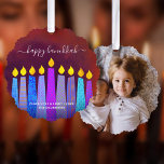 Red Photo Hanukkah Menorah Candles Modern Boho Tree Decoration Card<br><div class="desc">“Happy Hanukkah.” A playful, modern, artsy illustration of boho pattern candles and handwritten calligraphy script help you usher in the holiday of Hanukkah in style. Assorted blue boho candles with colourful faux foil patterns overlay a rich, brick red textured background on the front. Your favourite photo adorns the back. Feel...</div>
