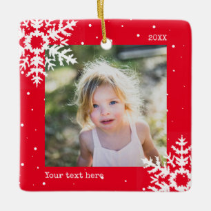 Red Photo Holiday Ornament with Snowflakes
