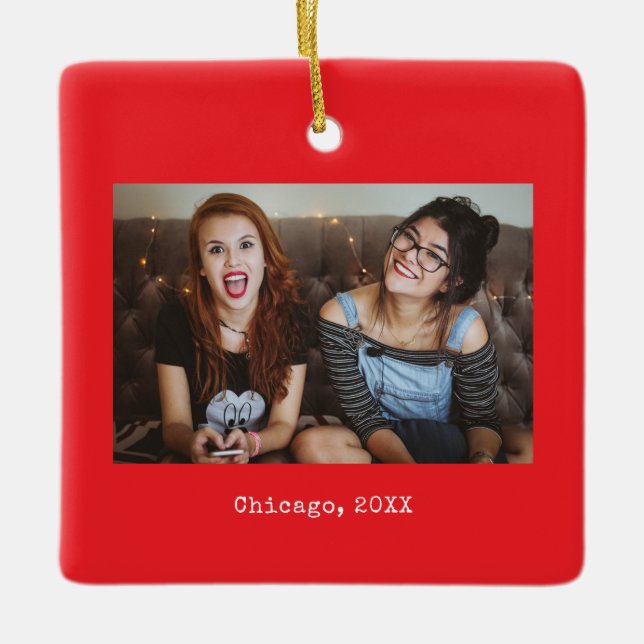 Red Photo Keepsake Christmas Ceramic Ornament (Front)
