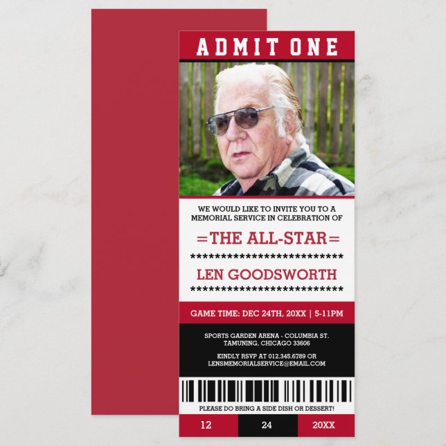 Red Photo Memorial Service Ticket Invitations (Front/Back)