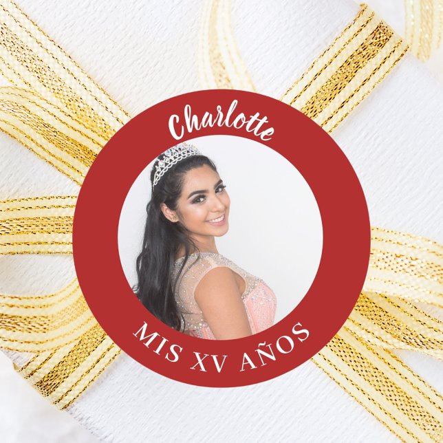 Red photo name Quinceanera Classic Round Sticker (Creator Uploaded)