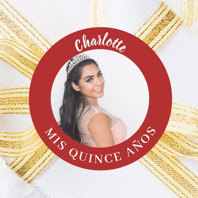 Red photo name Quinceanera Mis Quince Años Classic Round Sticker (Creator Uploaded)
