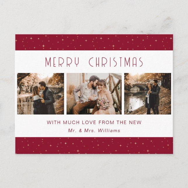 Red Photo Newlywed Starry Holiday Postcard (Front)