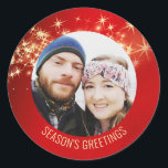 Red Photo Season's Greetings Classic Round Sticker<br><div class="desc">Put the finishing touches to all your holiday cards this year. This fun photo sticker of you or your family will bring a smile to your friends and family. This says 'season's greetings' but you can add your favourite holiday greeting. For best results, use all capital or upper case letters....</div>