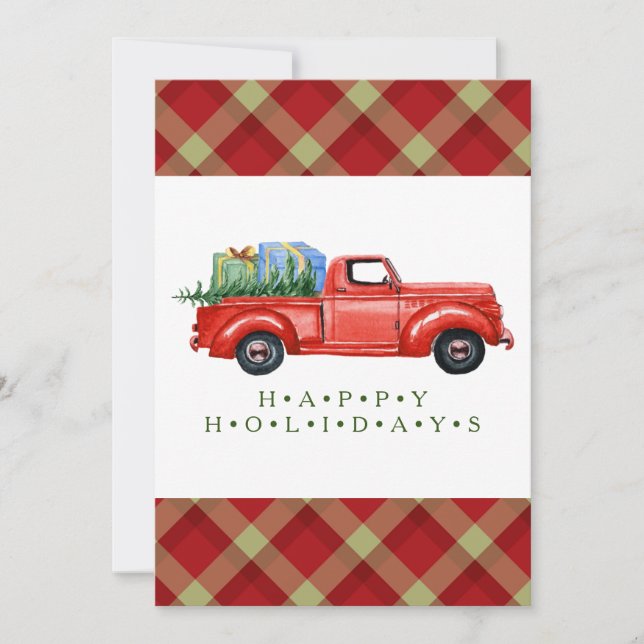Red Pick-Up Truck and Tree Flat Christmas Card (Front)