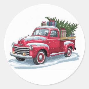 Red Pickup and Christmas Tree Classic Round Sticker