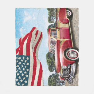 Red Pickup Truck: American Flag Vintage Fleece Blanket