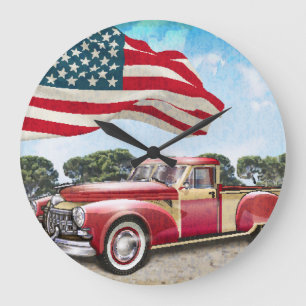 Red Pickup Truck: American Flag Vintage Large Clock