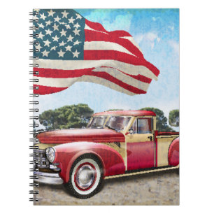 Red Pickup Truck: American Flag Vintage Notebook