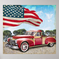 Red Pickup Truck: American Flag Vintage