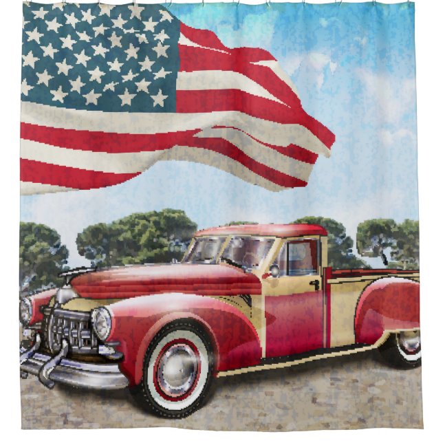Red Pickup Truck: American Flag Vintage Shower Curtain (Front)