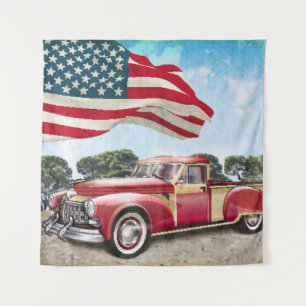 Red Pickup Truck: American Flag Vintage Tapestry
