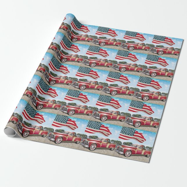 Red Pickup Truck: American Flag Vintage Wrapping Paper (Unrolled)