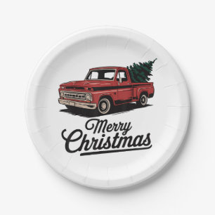 Red Pickup Truck Christmas Tree Vintage Christmas  Paper Plate