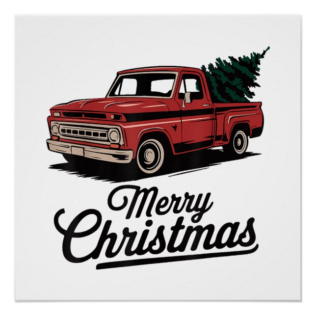 Red Pickup Truck Christmas Tree Vintage Christmas  Poster (Front)