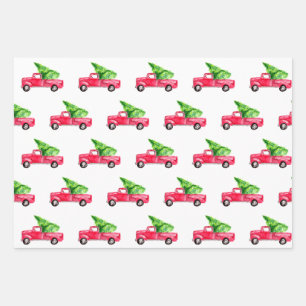 Red pickup truck Christmas tree watercolor vintage Wrapping Paper Sheet